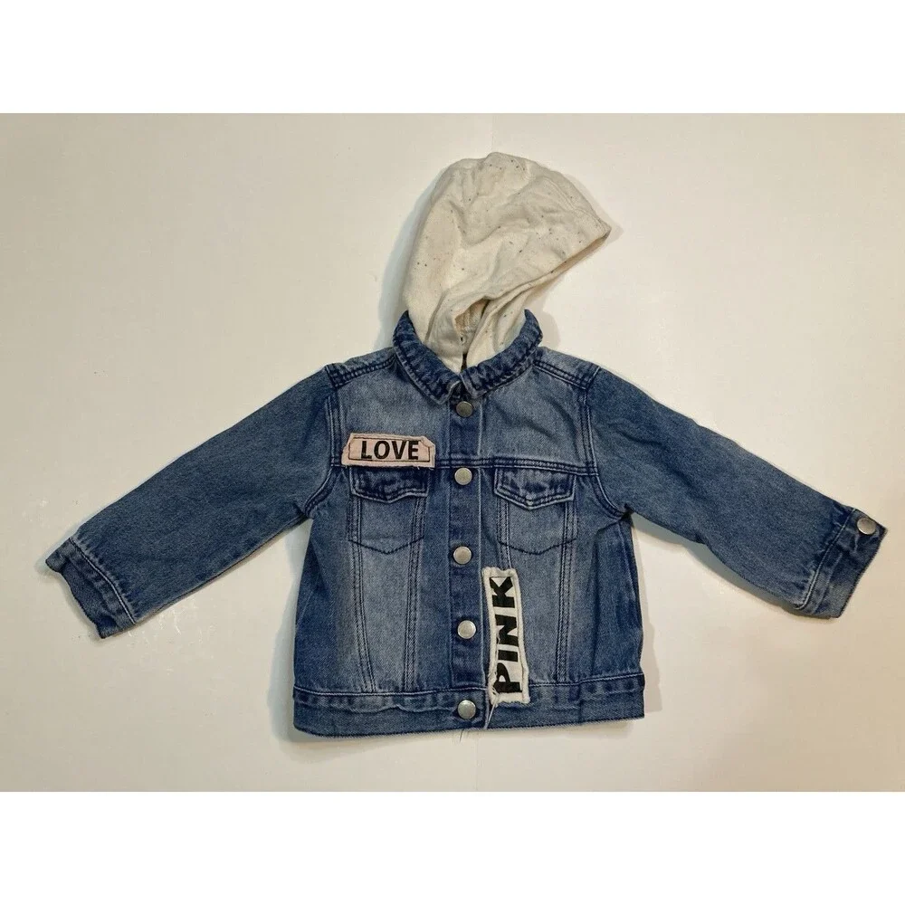 Zara Baby Girl x Pink Panther Terry Hood Love Denim Jacket 9-12m